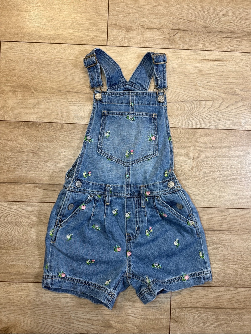 GAP Kids Denim Short Overalls with Pink & Green Floral Embroidery